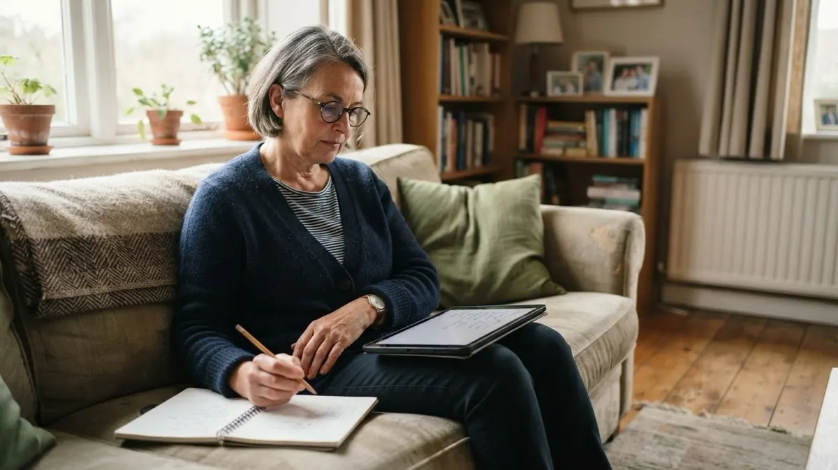 A woman with reading glasses on a sofa at home comparing two lists on a tablet and in a notebook, pencil in hand
