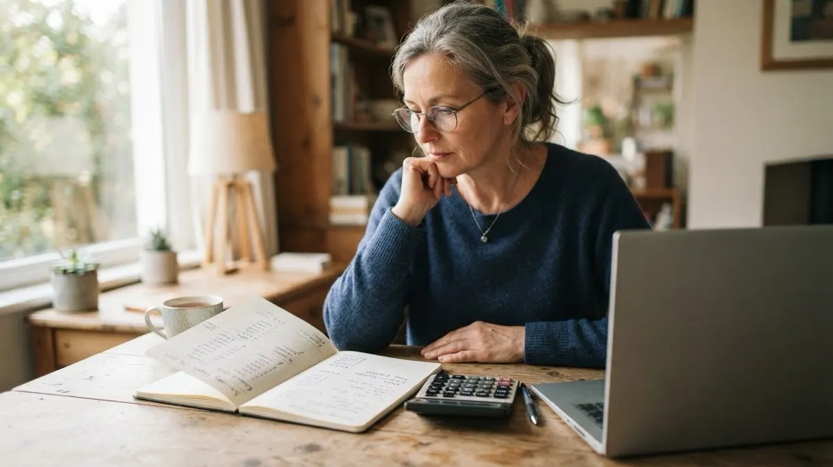 A woman with glasses planning her savings with a calculator, a notebook and a laptop