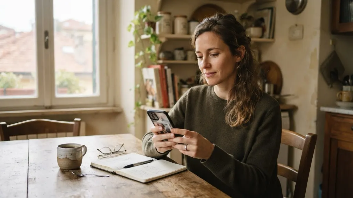 A woman at a kitchen table checking an investment app on her phone, with a notebook and a coffee beside her