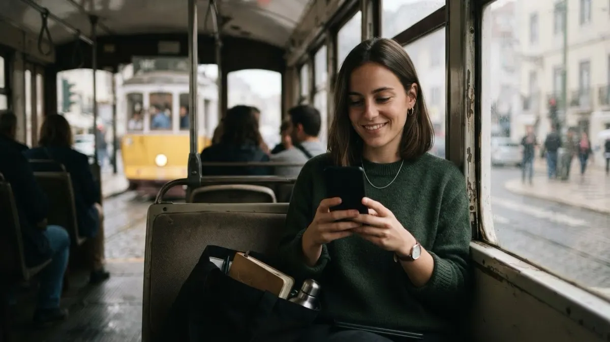 A smiling young woman on a city tram looking at a smartphone, with a notebook in her bag