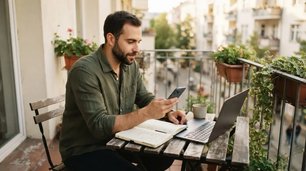 Un uomo sul balcone di casa usa lo smartphone accanto a un computer e a un quaderno con appunti, mentre controlla un trasferimento di denaro