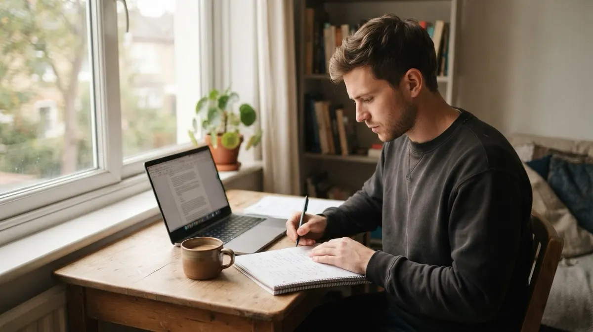 A young man taking handwritten notes at a desk by the window while studying ETFs on his laptop