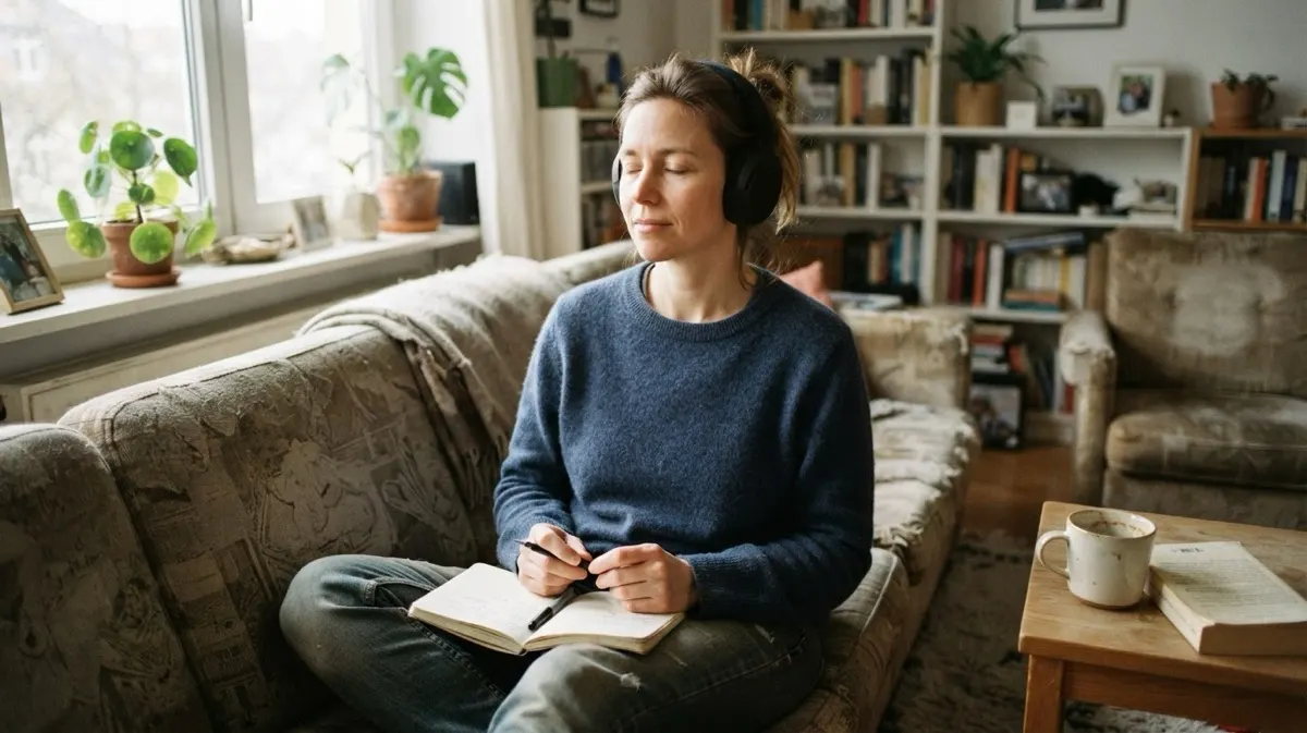 A woman on a sofa wearing headphones with her eyes half closed, a small notebook and a pen on her knee and a mug on the table beside her