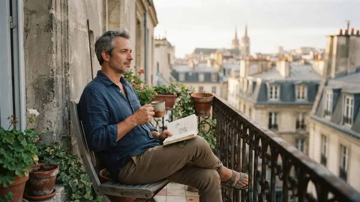 Un uomo sulla quarantina seduto su un balcone di città con un caffè e un piccolo quaderno sulle ginocchia, che guarda i tetti in una mattina tranquilla