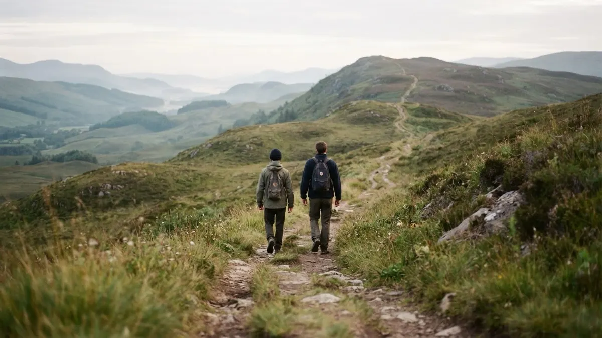 Due escursionisti in abiti semplici con piccoli zaini camminano con passo costante in salita lungo un sentiero tra le colline in una mattina tranquilla