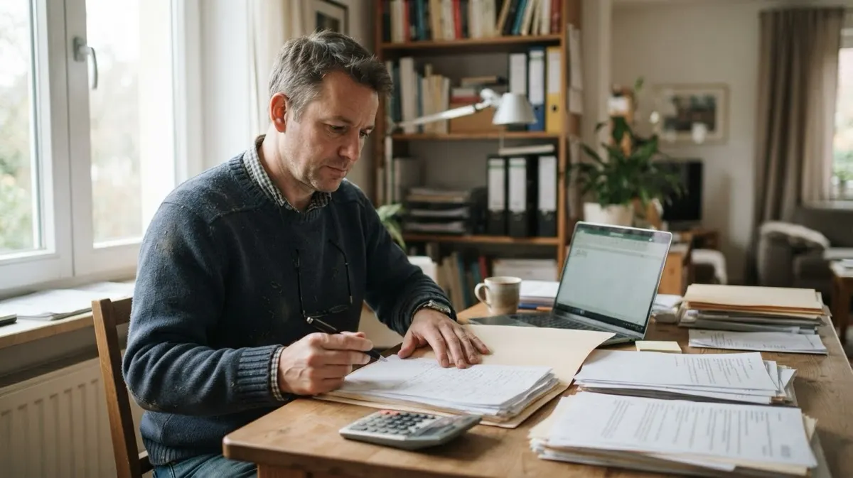 A man at a table at home sorting paper folders and printed statements next to a laptop and a calculator