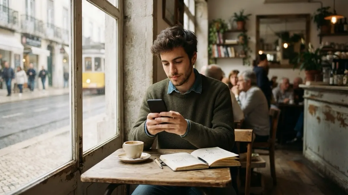 A young man at a small café table by the window looking at his smartphone, with a notebook and a coffee in front of him