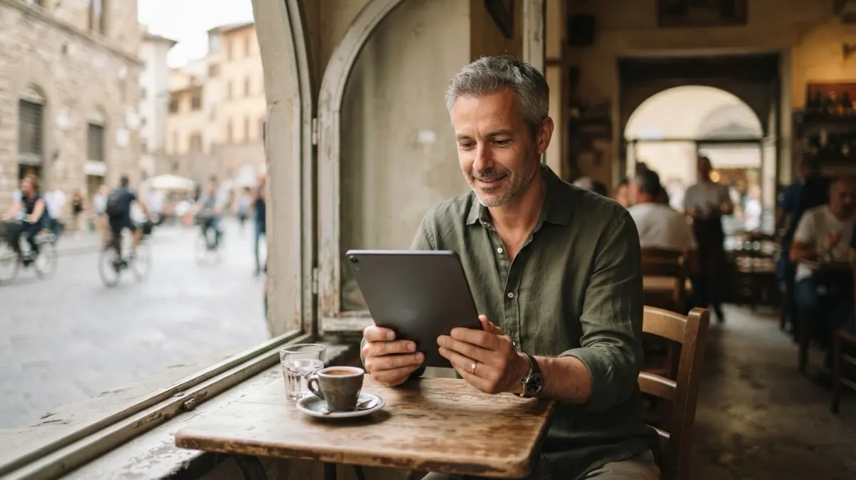 Un uomo legge un tablet al tavolino di un caffè in una città europea, rilassato e curioso di investire