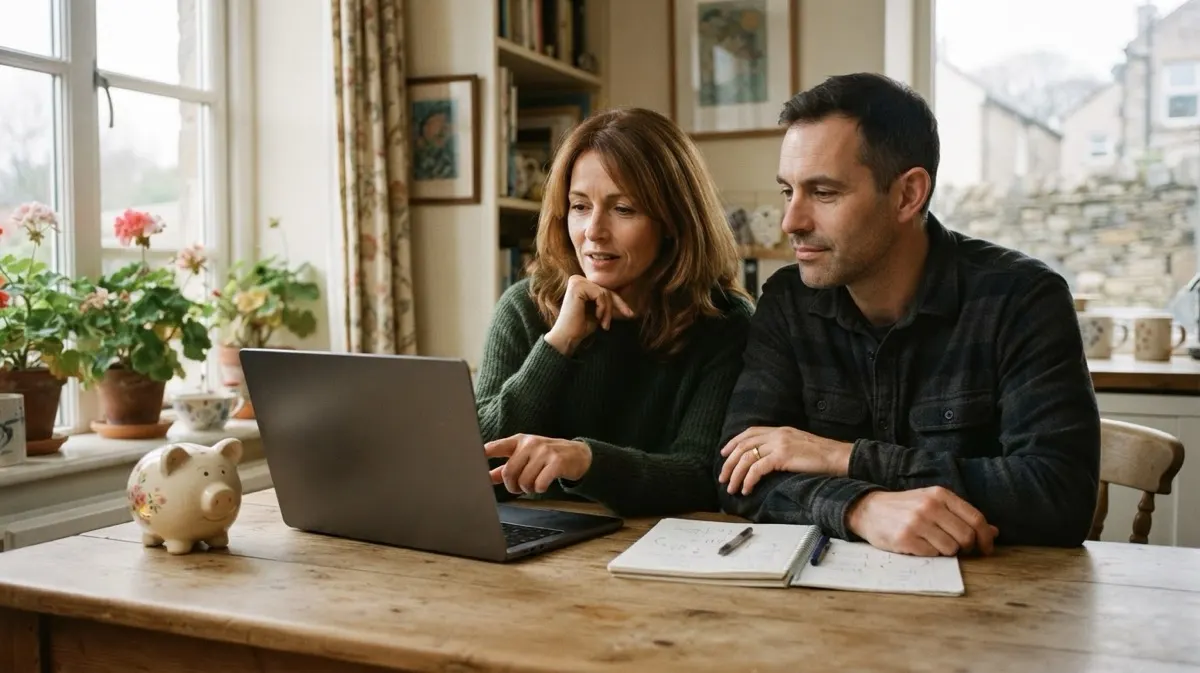 A couple at a kitchen table comparing options for their savings on a laptop, with a piggy bank and a notebook beside them