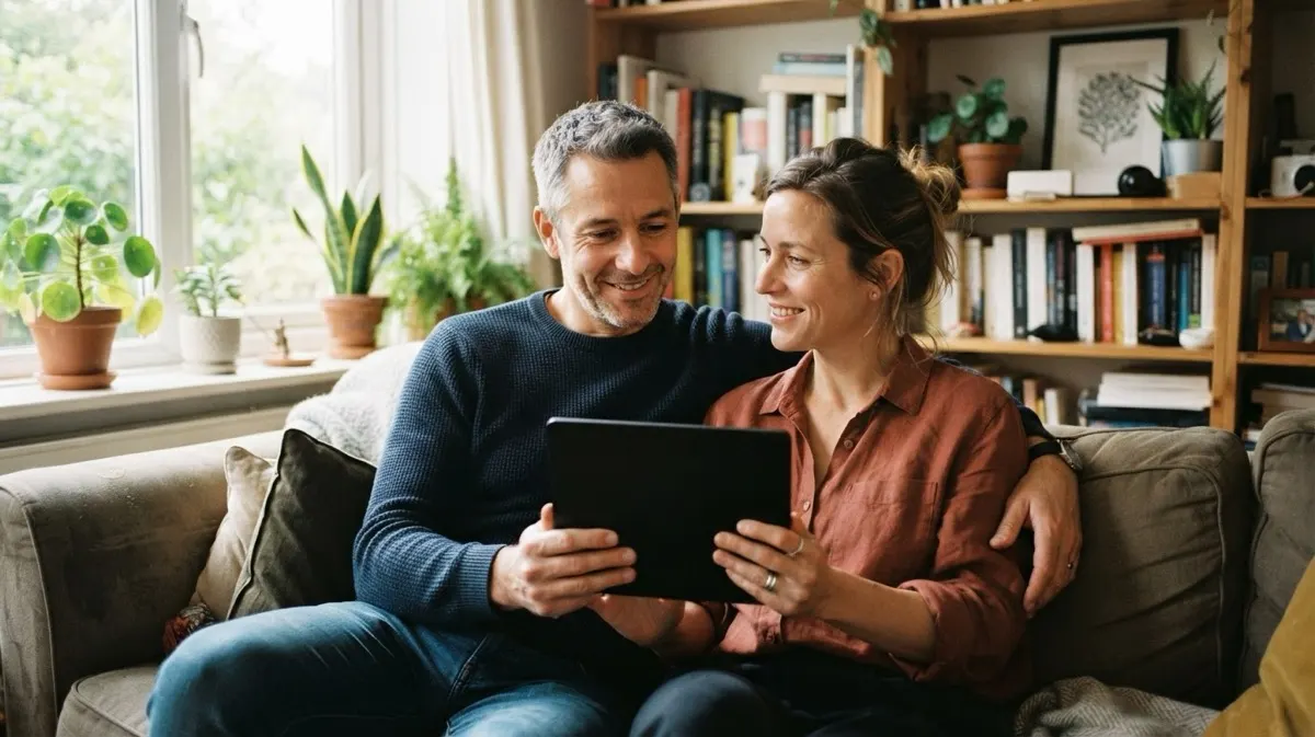 A couple on a sofa looking at a tablet together while they talk about their savings