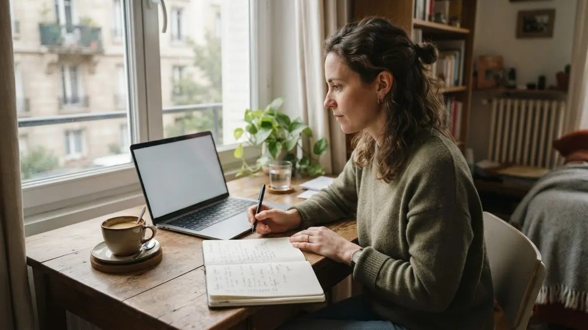 A woman at a wooden desk by a window checking a list on her laptop while writing a checklist in a notebook, with a cup of coffee beside her
